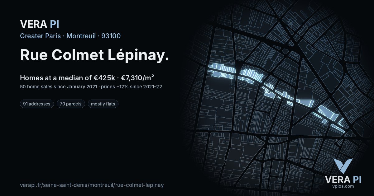 Rue Colmet Lépinay, Montreuil at night – every parcel coloured by the prices around it, the street's own parcels lit