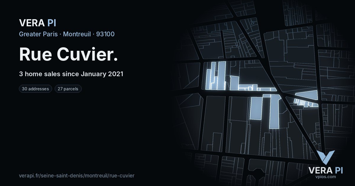 Rue Cuvier, Montreuil at night – every parcel coloured by the prices around it, the street's own parcels lit