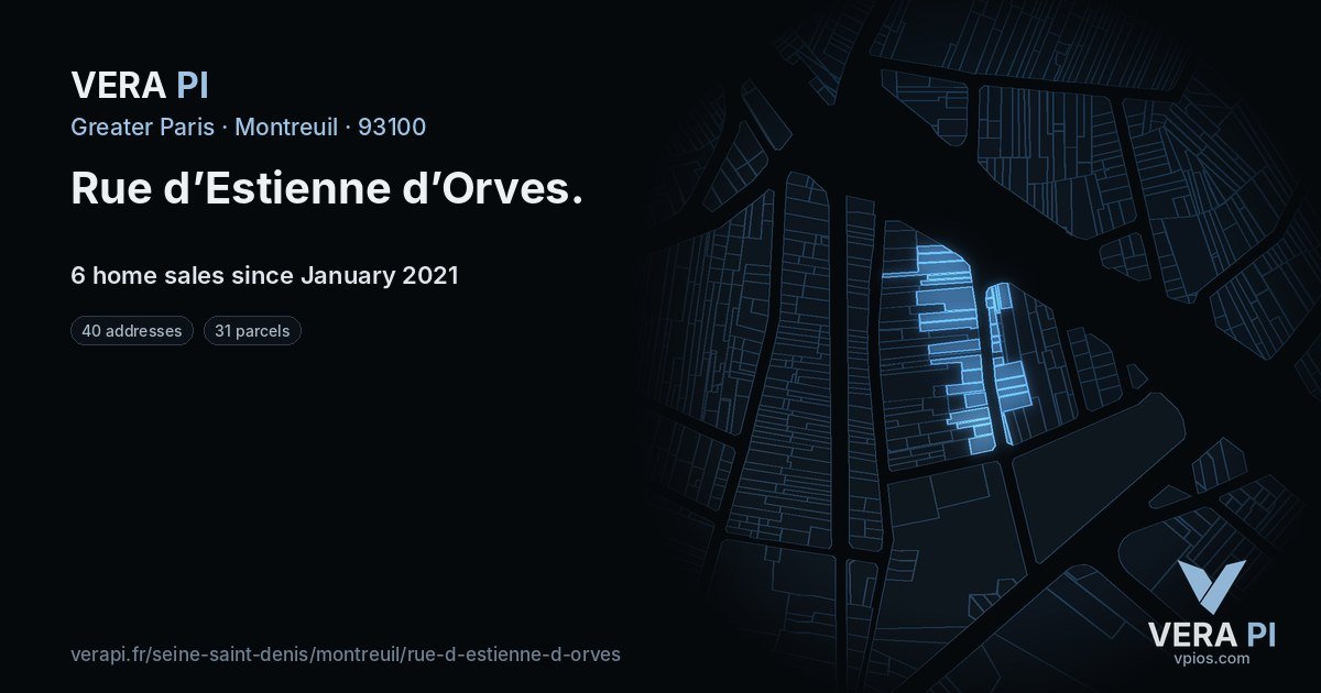 Rue d’Estienne d’Orves, Montreuil at night – every parcel coloured by the prices around it, the street's own parcels lit