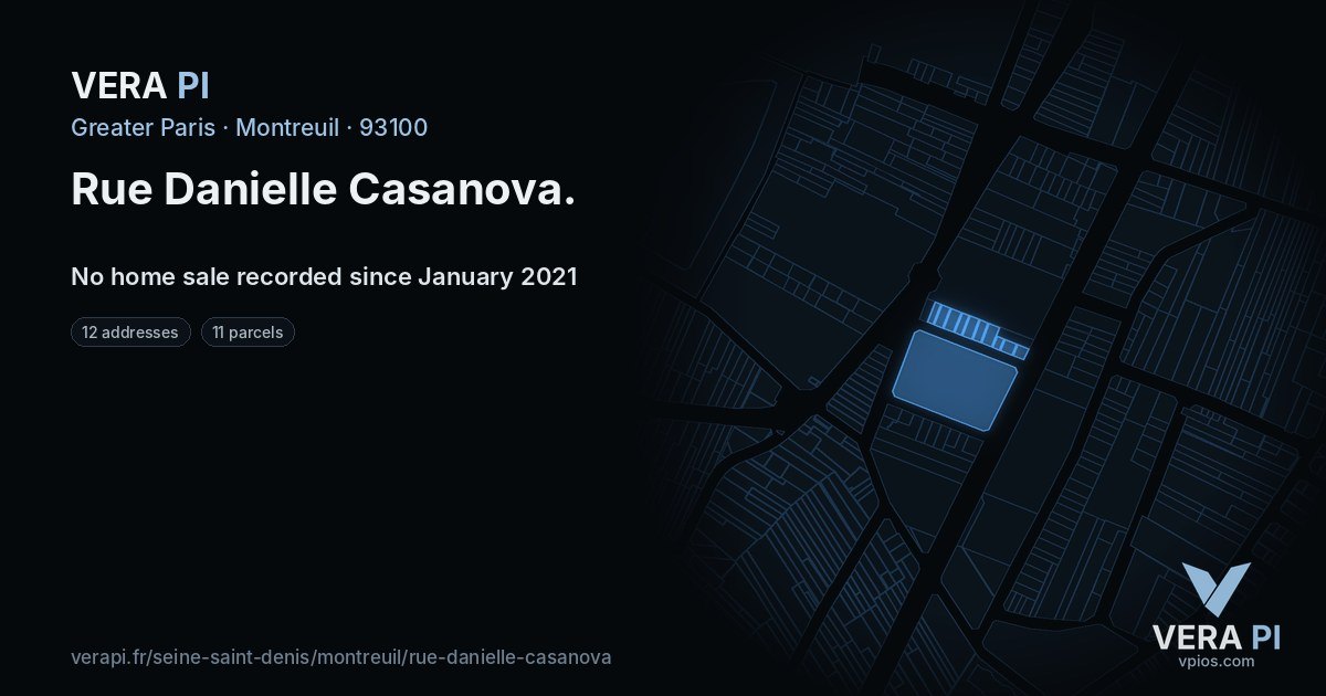 Rue Danielle Casanova, Montreuil at night – every parcel coloured by the prices around it, the street's own parcels lit