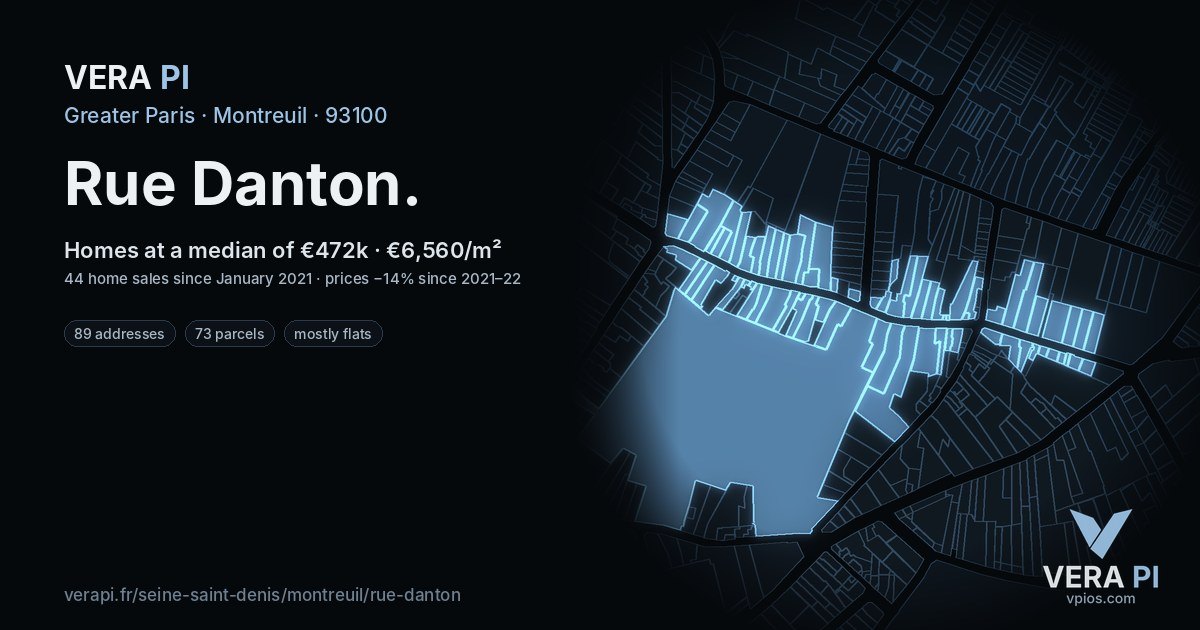 Rue Danton, Montreuil at night – every parcel coloured by the prices around it, the street's own parcels lit