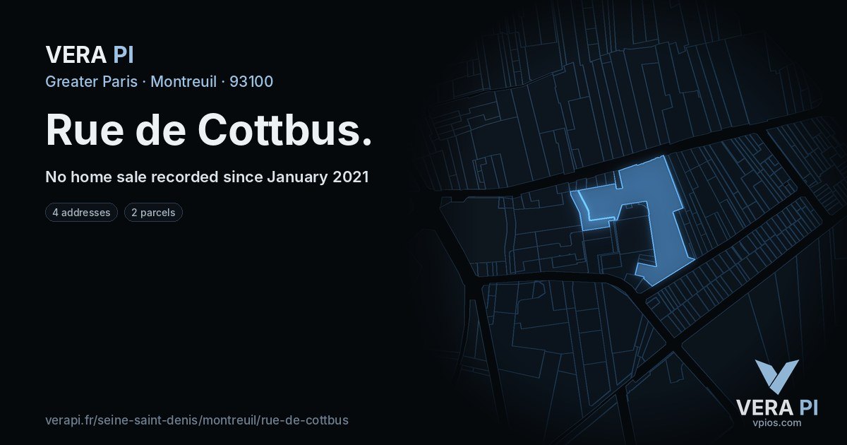 Rue de Cottbus, Montreuil at night – every parcel coloured by the prices around it, the street's own parcels lit
