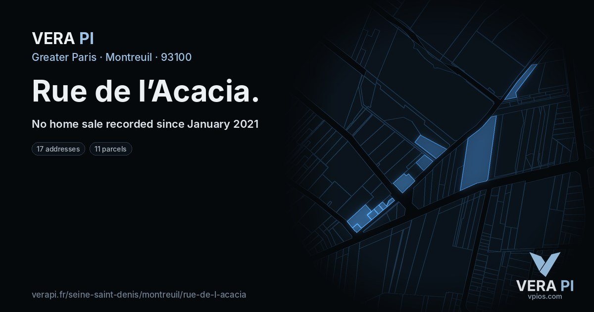 Rue de l’Acacia, Montreuil at night – every parcel coloured by the prices around it, the street's own parcels lit