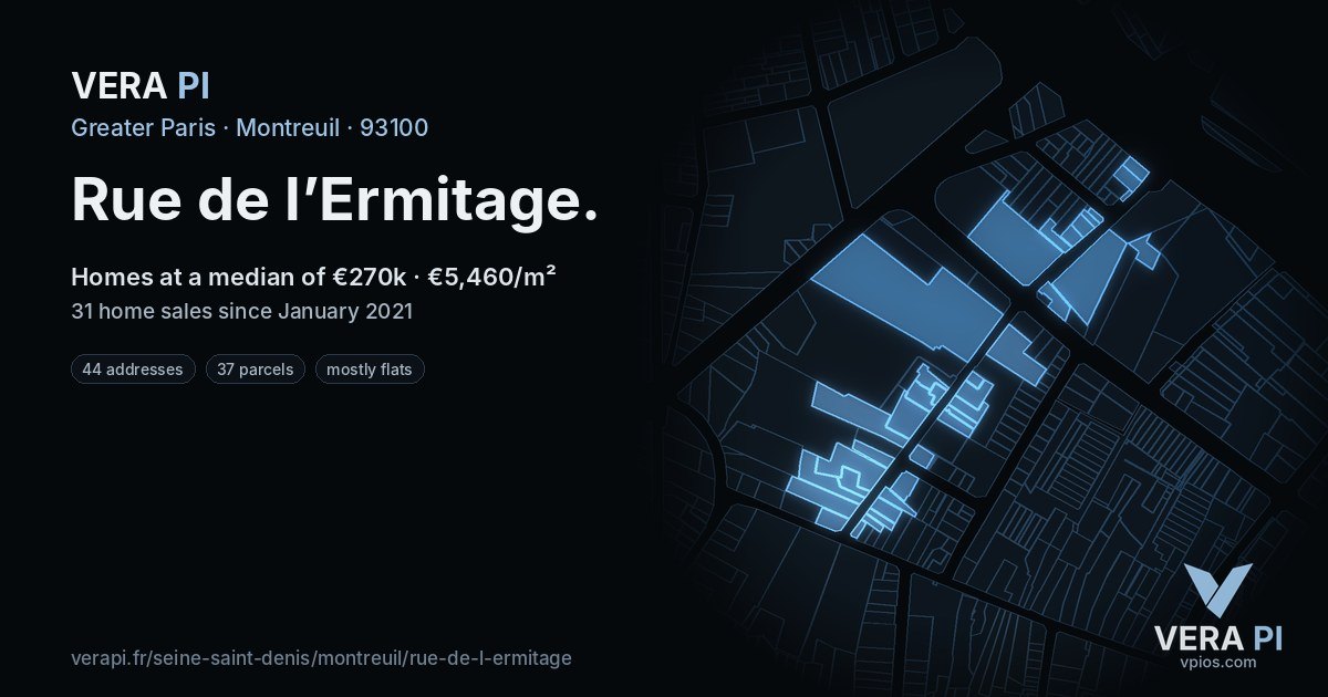 Rue de l’Ermitage, Montreuil at night – every parcel coloured by the prices around it, the street's own parcels lit