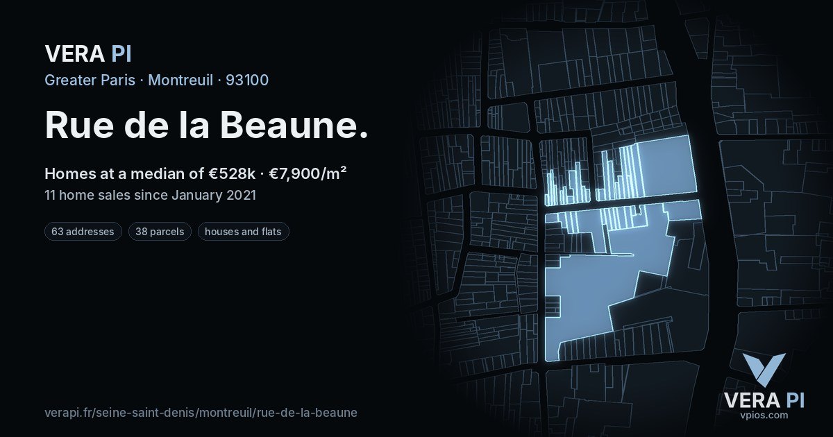 Rue de la Beaune, Montreuil at night – every parcel coloured by the prices around it, the street's own parcels lit