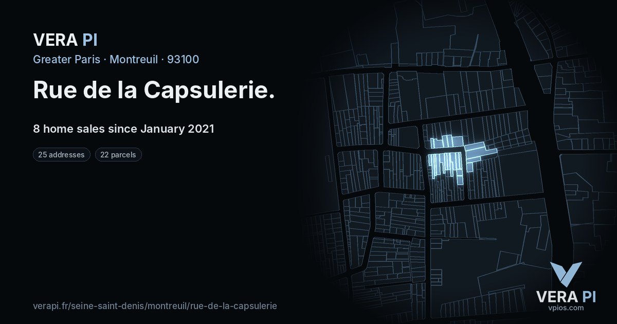 Rue de la Capsulerie, Montreuil at night – every parcel coloured by the prices around it, the street's own parcels lit