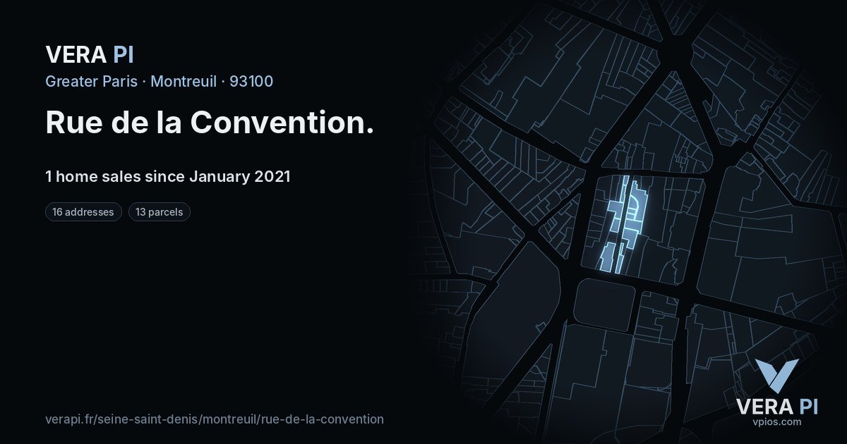 Rue de la Convention, Montreuil at night – every parcel coloured by the prices around it, the street's own parcels lit