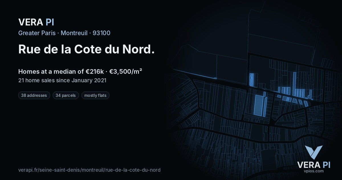 Rue de la Cote du Nord, Montreuil at night – every parcel coloured by the prices around it, the street's own parcels lit