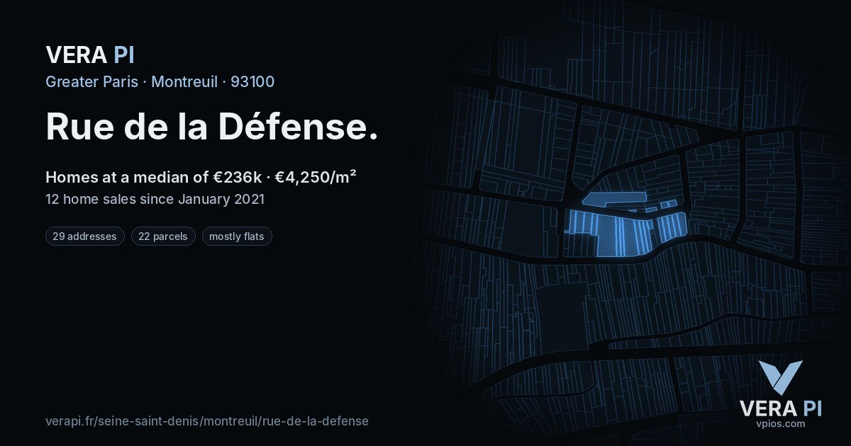 Rue de la Défense, Montreuil at night – every parcel coloured by the prices around it, the street's own parcels lit