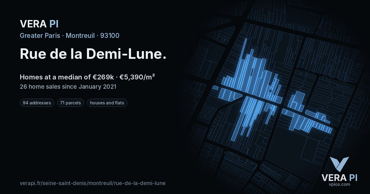 Rue de la Demi-Lune, Montreuil at night – every parcel coloured by the prices around it, the street's own parcels lit