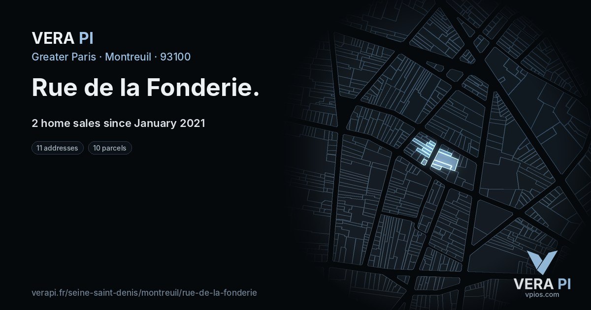 Rue de la Fonderie, Montreuil at night – every parcel coloured by the prices around it, the street's own parcels lit