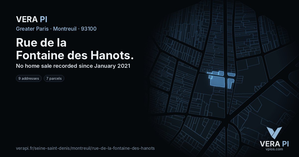 Rue de la Fontaine des Hanots, Montreuil at night – every parcel coloured by the prices around it, the street's own parcels lit