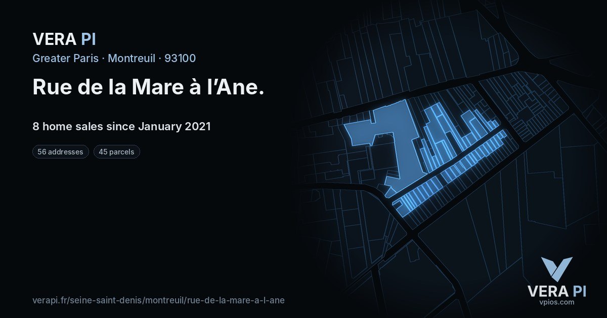 Rue de la Mare à l’Ane, Montreuil at night – every parcel coloured by the prices around it, the street's own parcels lit