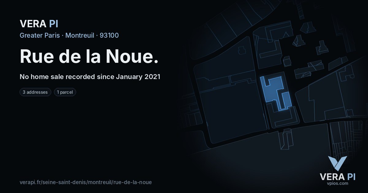 Rue de la Noue, Montreuil at night – every parcel coloured by the prices around it, the street's own parcels lit