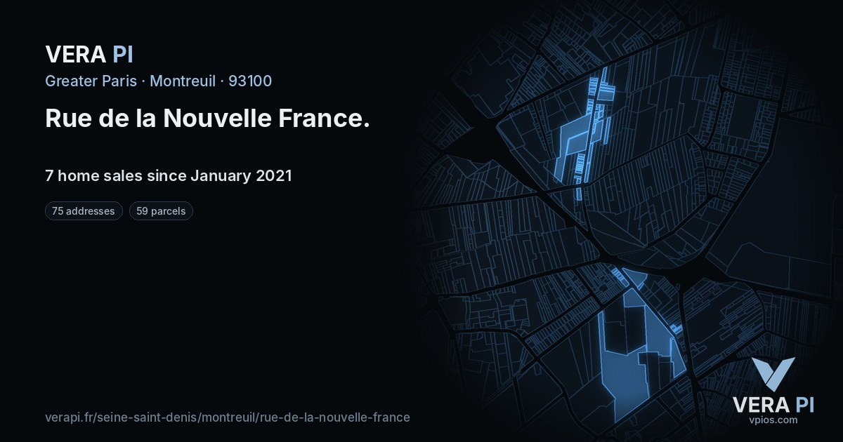 Rue de la Nouvelle France, Montreuil at night – every parcel coloured by the prices around it, the street's own parcels lit