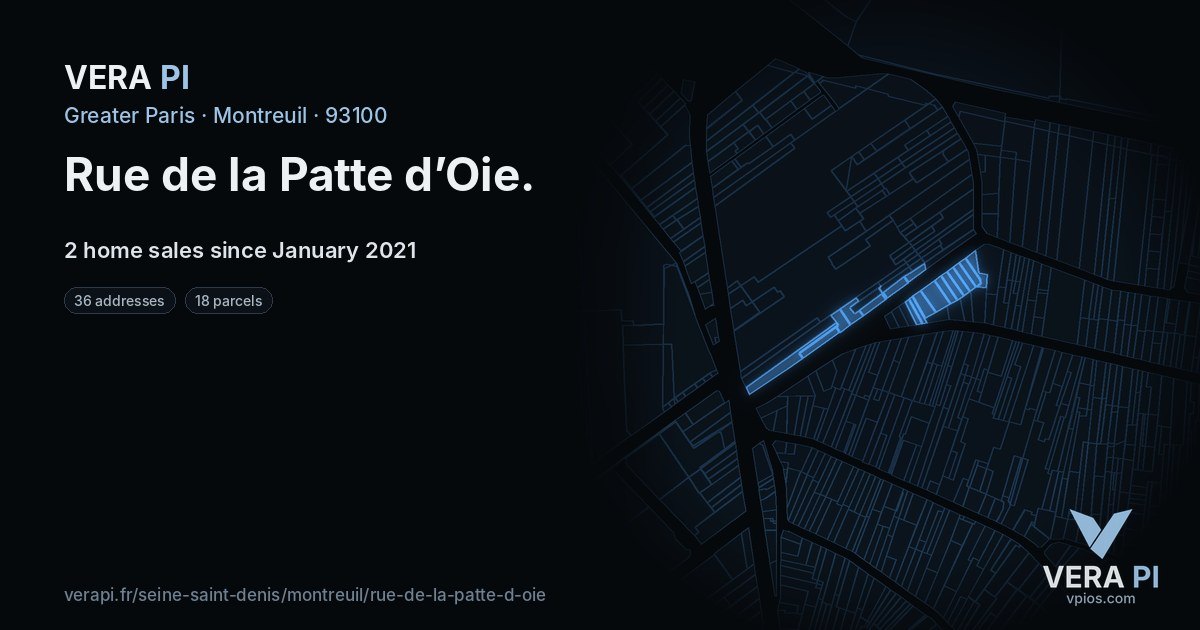 Rue de la Patte d’Oie, Montreuil at night – every parcel coloured by the prices around it, the street's own parcels lit