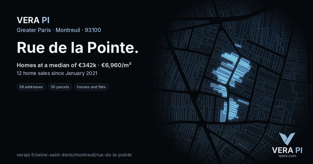 Rue de la Pointe, Montreuil at night – every parcel coloured by the prices around it, the street's own parcels lit