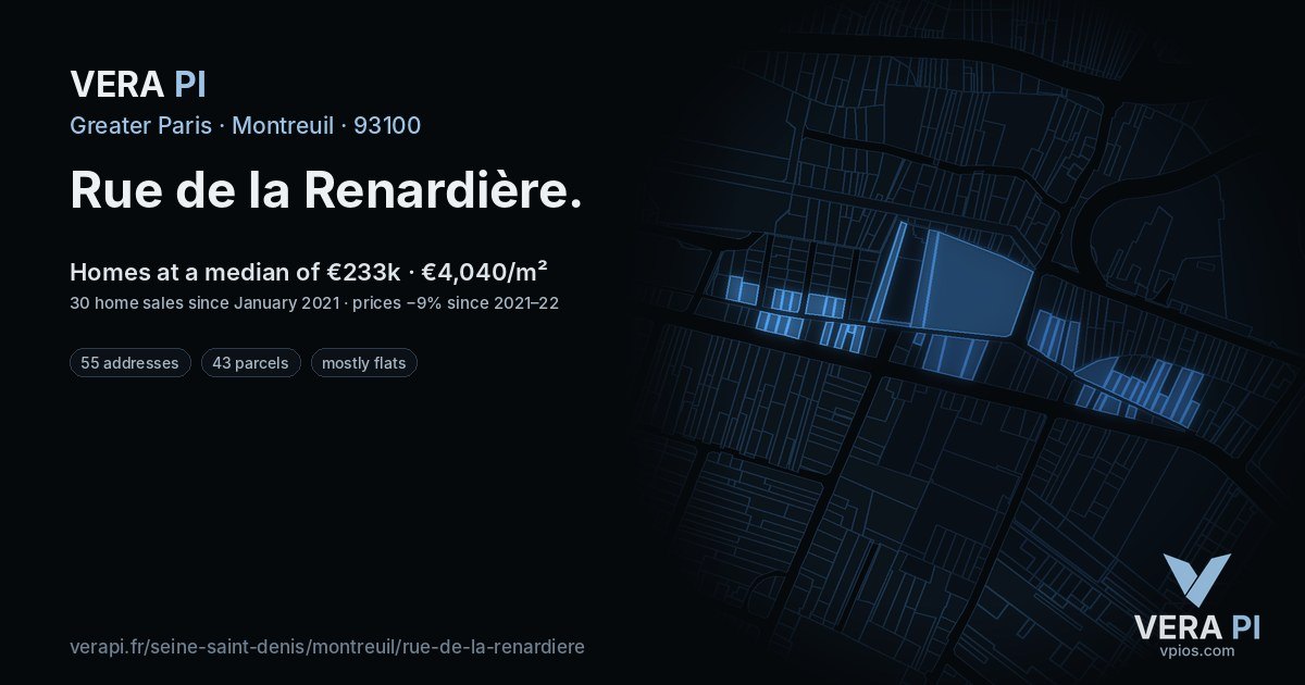 Rue de la Renardière, Montreuil at night – every parcel coloured by the prices around it, the street's own parcels lit