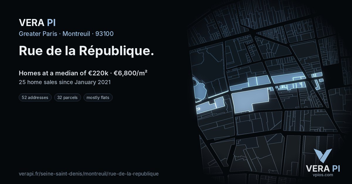 Rue de la République, Montreuil at night – every parcel coloured by the prices around it, the street's own parcels lit