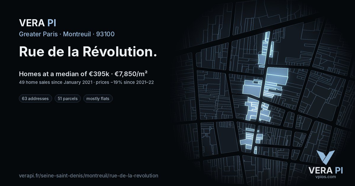 Rue de la Révolution, Montreuil at night – every parcel coloured by the prices around it, the street's own parcels lit