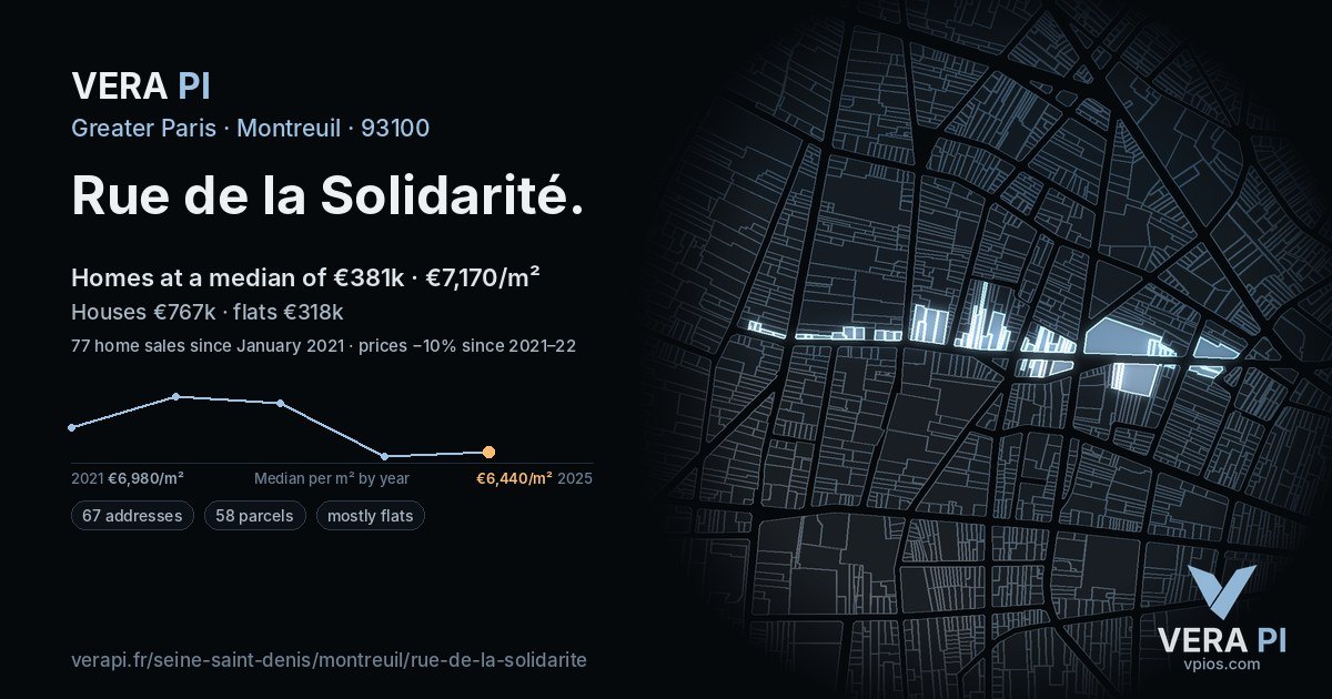 Rue de la Solidarité, Montreuil at night – every parcel coloured by the prices around it, the street's own parcels lit