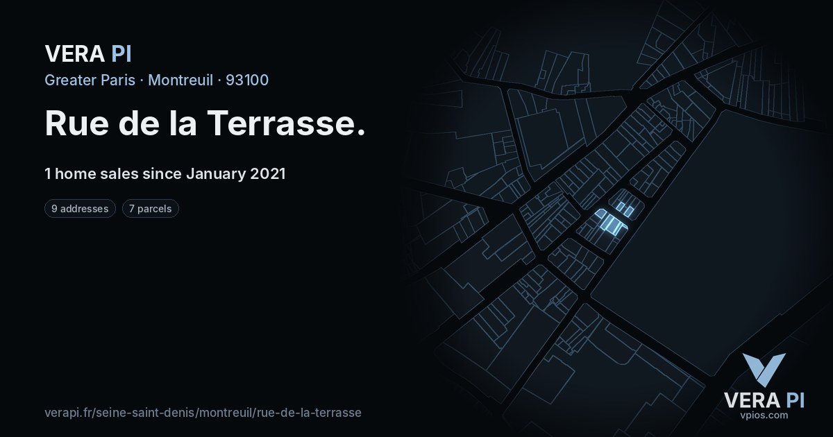 Rue de la Terrasse, Montreuil at night – every parcel coloured by the prices around it, the street's own parcels lit