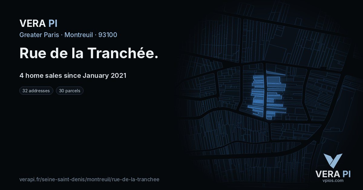 Rue de la Tranchée, Montreuil at night – every parcel coloured by the prices around it, the street's own parcels lit