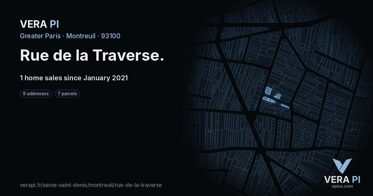 Rue de la Traverse, Montreuil at night – every parcel coloured by the prices around it, the street's own parcels lit
