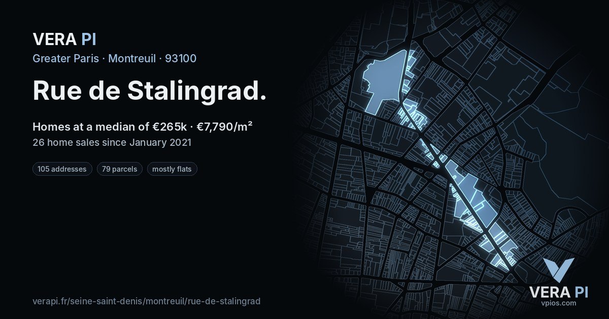 Rue de Stalingrad, Montreuil at night – every parcel coloured by the prices around it, the street's own parcels lit