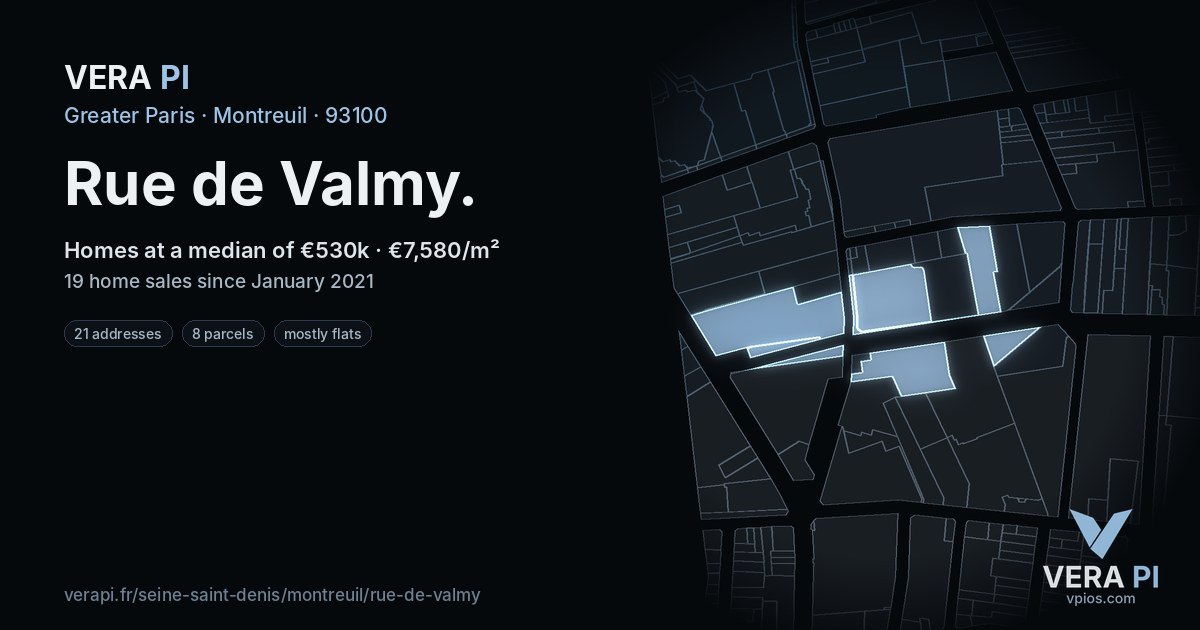 Rue de Valmy, Montreuil at night – every parcel coloured by the prices around it, the street's own parcels lit