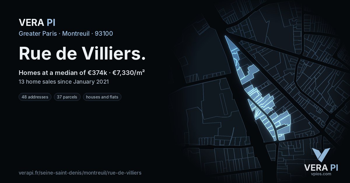 Rue de Villiers, Montreuil at night – every parcel coloured by the prices around it, the street's own parcels lit