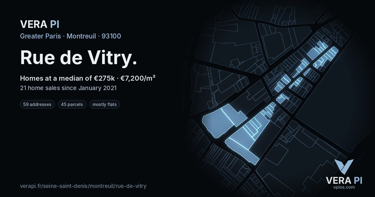 Rue de Vitry, Montreuil at night – every parcel coloured by the prices around it, the street's own parcels lit