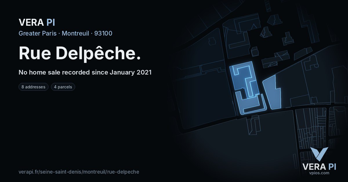 Rue Delpêche, Montreuil at night – every parcel coloured by the prices around it, the street's own parcels lit