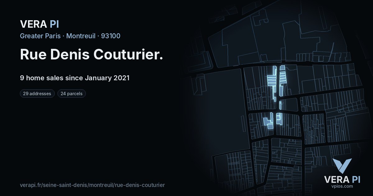 Rue Denis Couturier, Montreuil at night – every parcel coloured by the prices around it, the street's own parcels lit