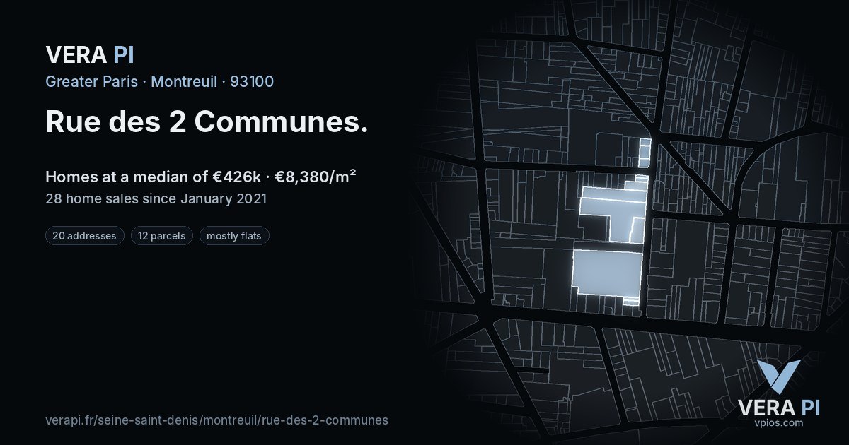 Rue des 2 Communes, Montreuil at night – every parcel coloured by the prices around it, the street's own parcels lit