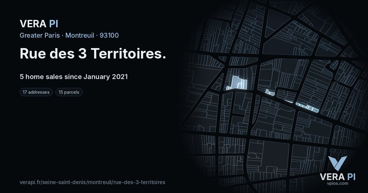Rue des 3 Territoires, Montreuil at night – every parcel coloured by the prices around it, the street's own parcels lit
