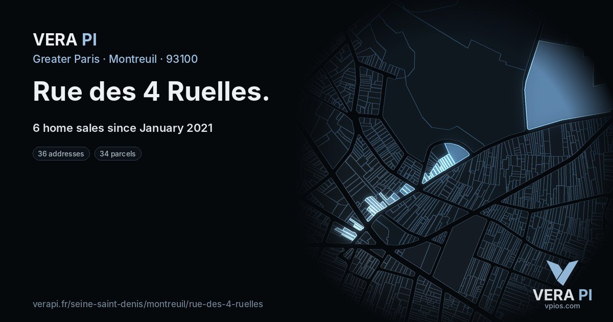 Rue des 4 Ruelles, Montreuil at night – every parcel coloured by the prices around it, the street's own parcels lit