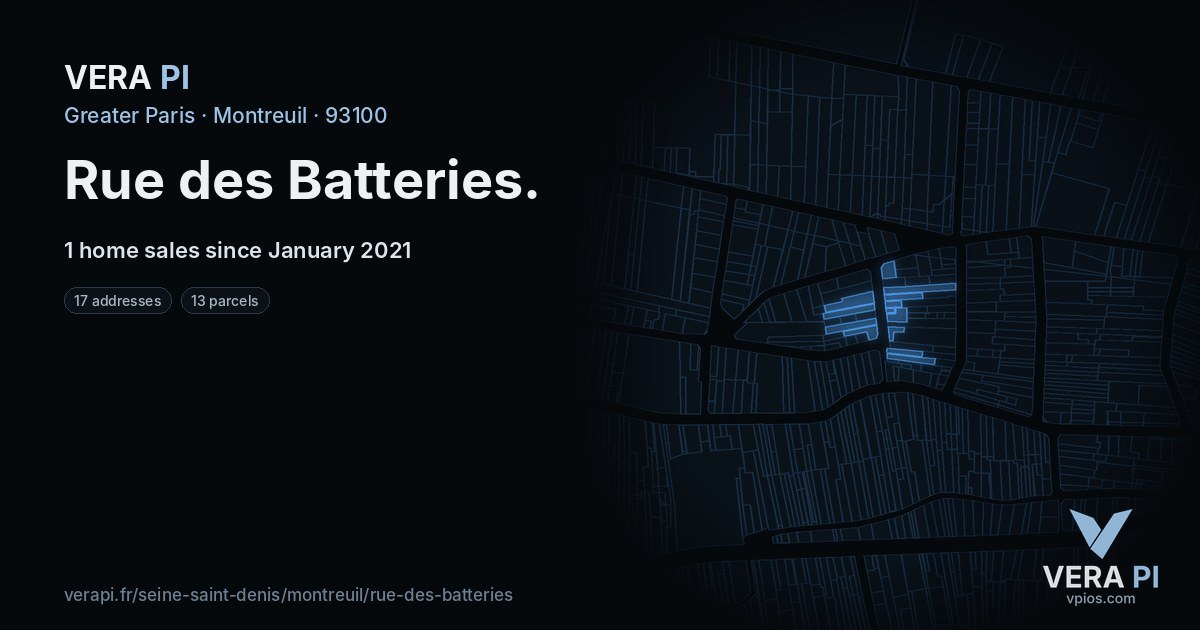 Rue des Batteries, Montreuil at night – every parcel coloured by the prices around it, the street's own parcels lit