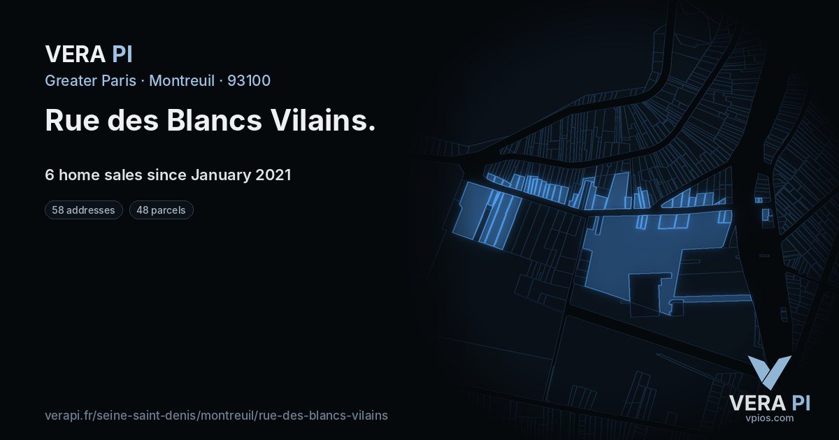 Rue des Blancs Vilains, Montreuil at night – every parcel coloured by the prices around it, the street's own parcels lit