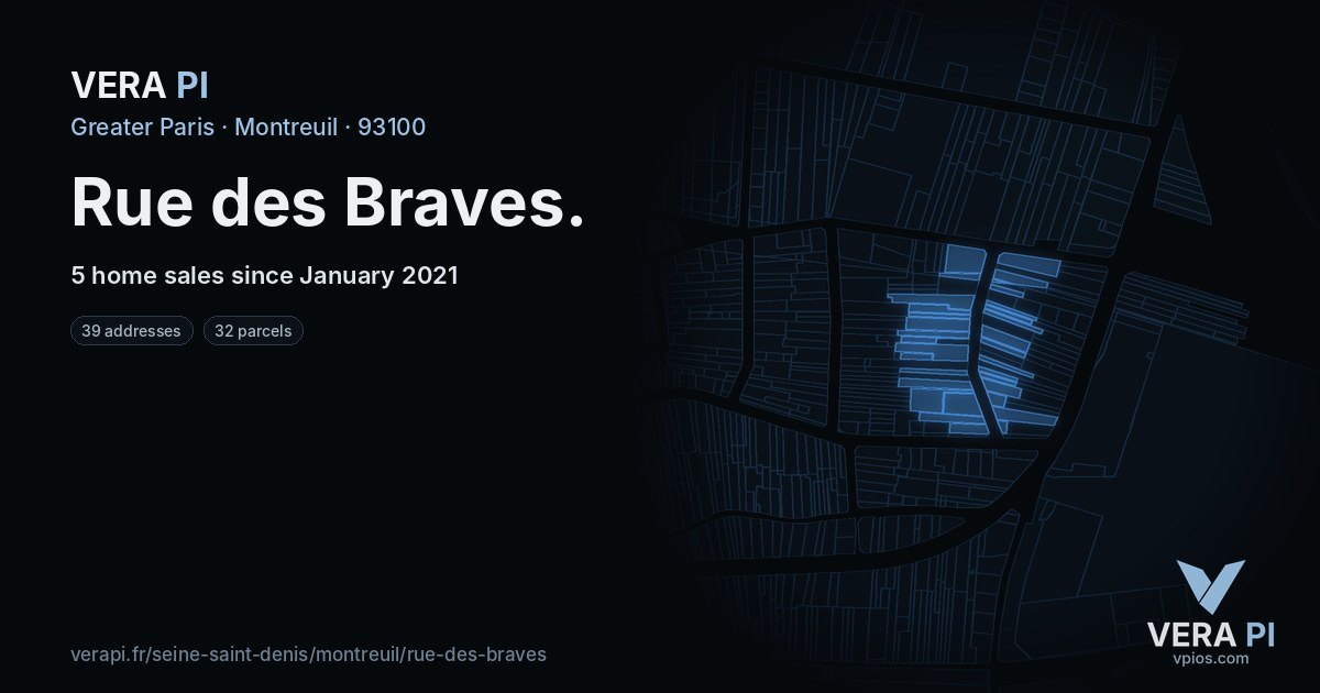 Rue des Braves, Montreuil at night – every parcel coloured by the prices around it, the street's own parcels lit