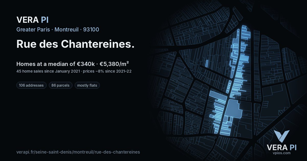 Rue des Chantereines, Montreuil at night – every parcel coloured by the prices around it, the street's own parcels lit