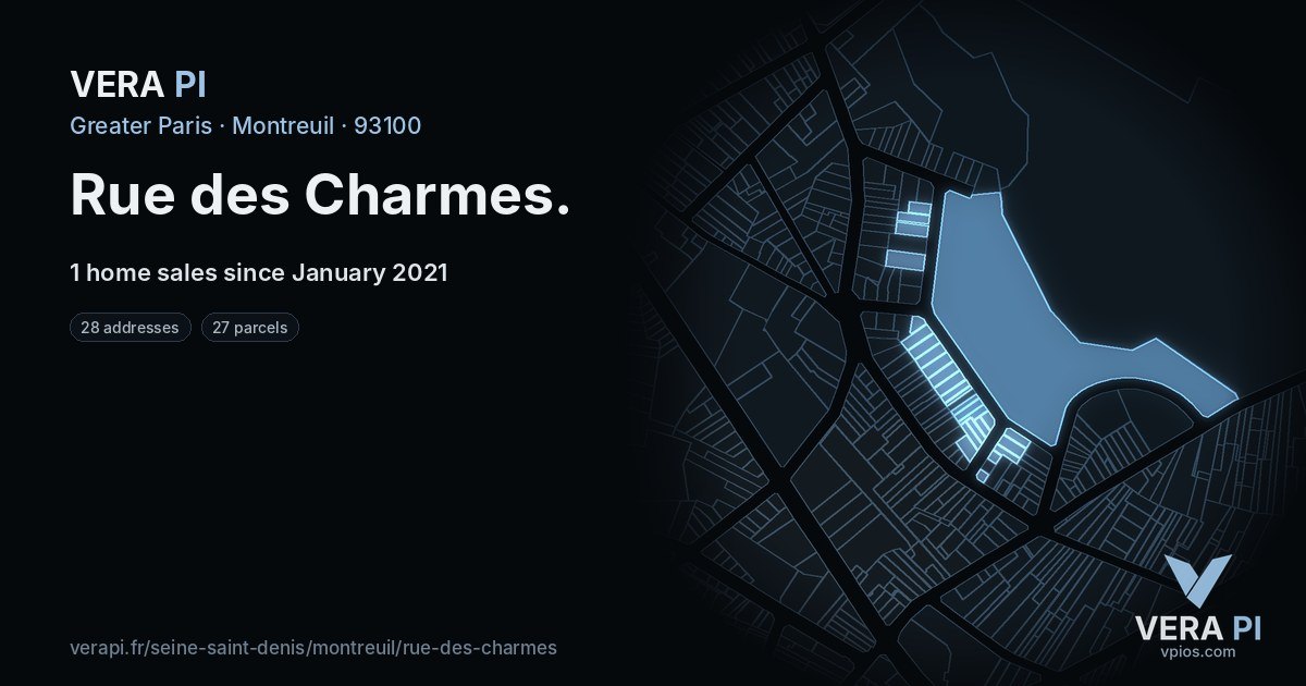 Rue des Charmes, Montreuil at night – every parcel coloured by the prices around it, the street's own parcels lit