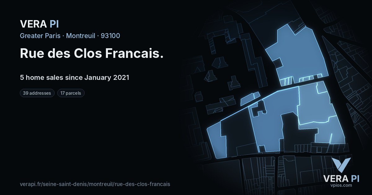 Rue des Clos Francais, Montreuil at night – every parcel coloured by the prices around it, the street's own parcels lit