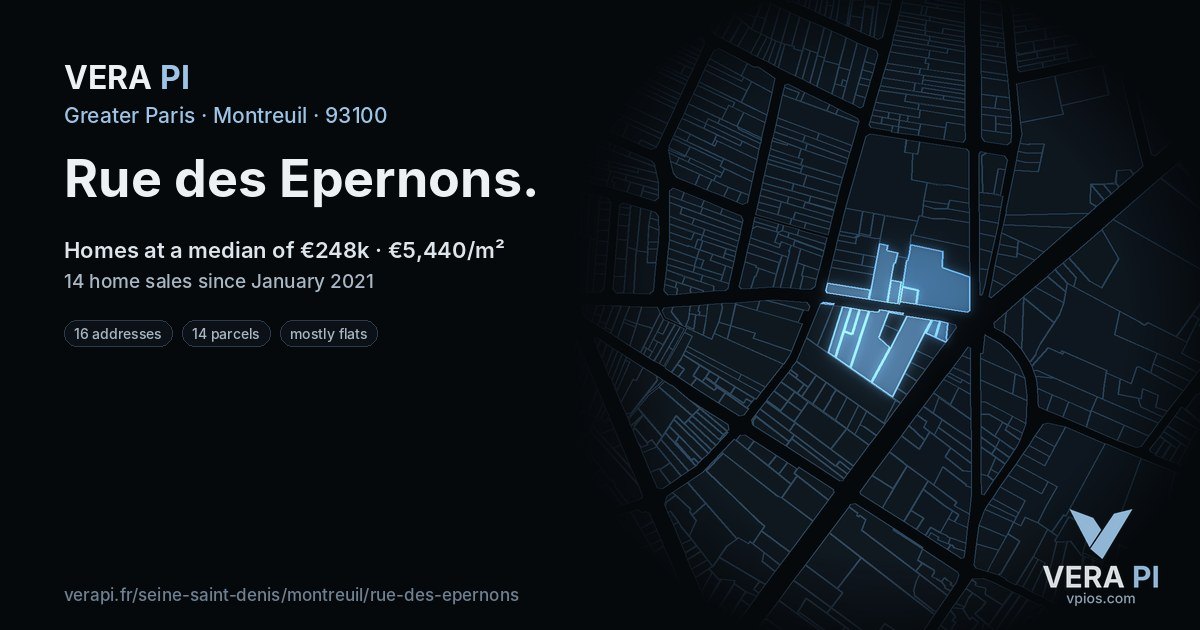 Rue des Epernons, Montreuil at night – every parcel coloured by the prices around it, the street's own parcels lit