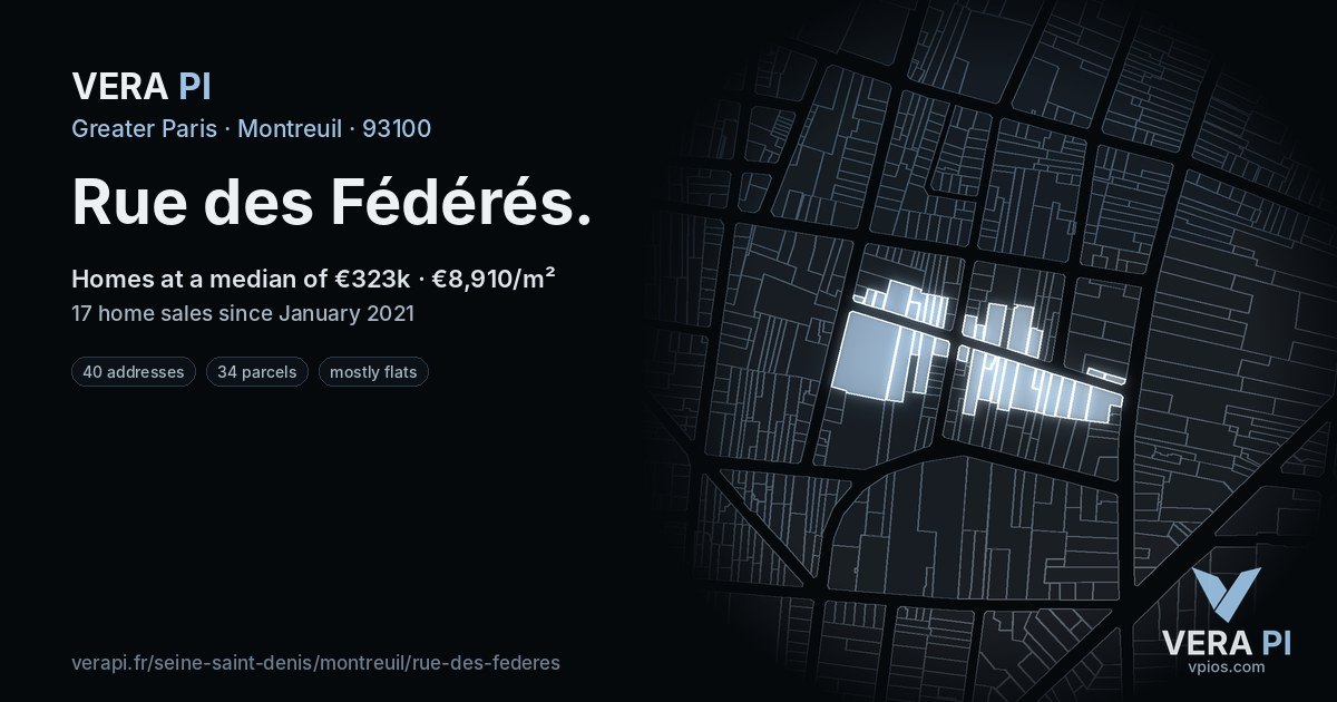 Rue des Fédérés, Montreuil at night – every parcel coloured by the prices around it, the street's own parcels lit