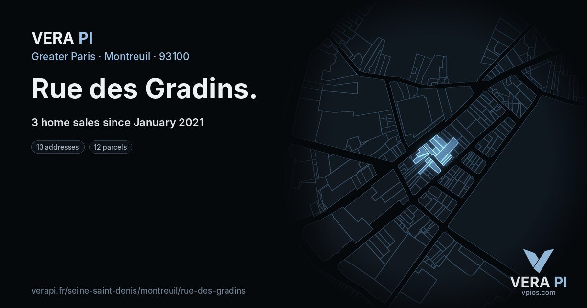 Rue des Gradins, Montreuil at night – every parcel coloured by the prices around it, the street's own parcels lit