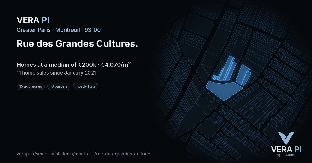 Rue des Grandes Cultures, Montreuil at night – every parcel coloured by the prices around it, the street's own parcels lit