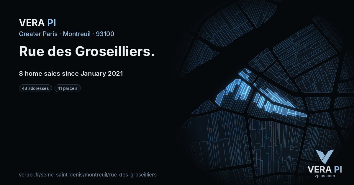 Rue des Groseilliers, Montreuil at night – every parcel coloured by the prices around it, the street's own parcels lit