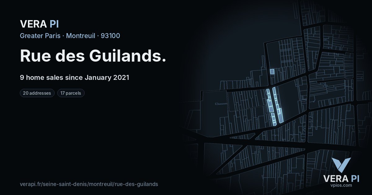 Rue des Guilands, Montreuil at night – every parcel coloured by the prices around it, the street's own parcels lit