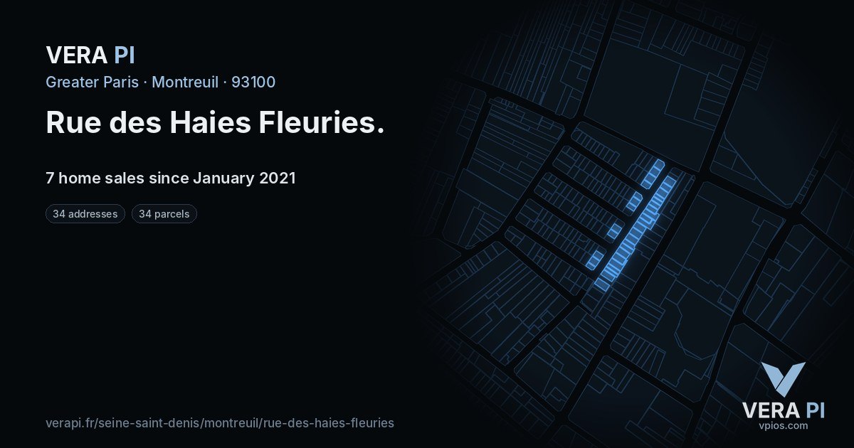 Rue des Haies Fleuries, Montreuil at night – every parcel coloured by the prices around it, the street's own parcels lit
